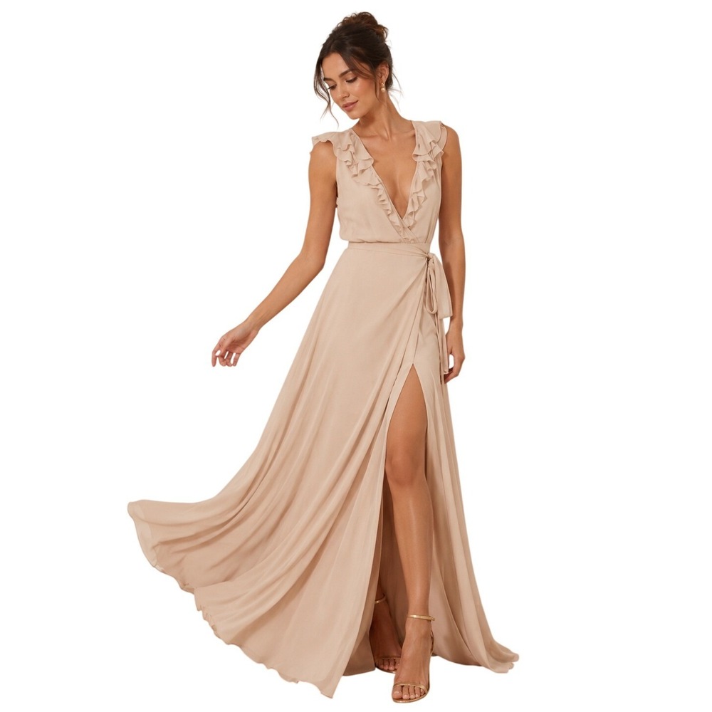 Reformation Peppermint Dress maxi gown Champagne Blush Nude Ruffled Wrap Medium